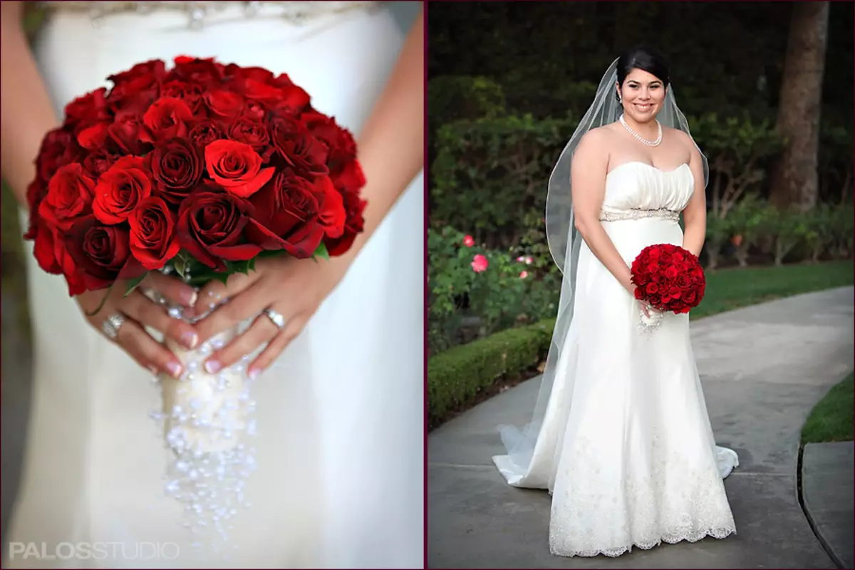 წითელი საქორწილო ბუკეტი (76 ფოტო): აირჩიეთ საქორწინო ბუკეტი ყვავილებით ლურჯი წითელი ტონებით, გერბერებისა და ლენტებით 8019_39