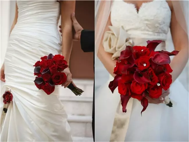 წითელი საქორწილო ბუკეტი (76 ფოტო): აირჩიეთ საქორწინო ბუკეტი ყვავილებით ლურჯი წითელი ტონებით, გერბერებისა და ლენტებით 8019_40