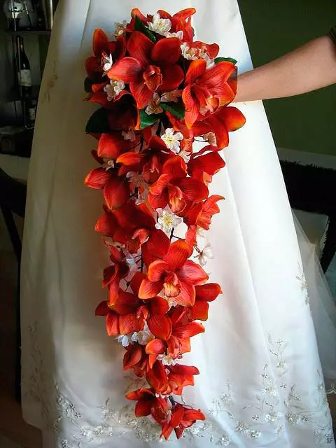 წითელი საქორწილო ბუკეტი (76 ფოტო): აირჩიეთ საქორწინო ბუკეტი ყვავილებით ლურჯი წითელი ტონებით, გერბერებისა და ლენტებით 8019_58