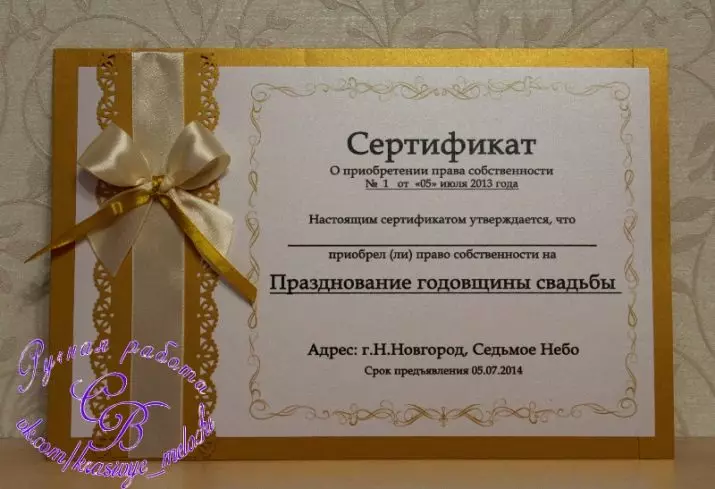 Certificados de agasallo para a voda: Gift do matrimonio Revestimentos de invitados. Como organizar o certificado para a viaxe? 8025_11