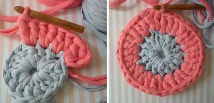 पॅचवर्कमधून बुडलेल्या crochet rugs: आपल्या स्वत: च्या हातांनी पॅचवर्क, गोल आणि गहन मॉडेल च्या शैलीतील पॅचवर्क फ्लॅव्हर्सच्या मजल्यावरील कार्पेट 8165_14