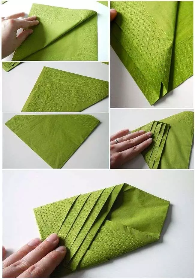 Sa e bukur të dele letër napkins në tryezë festive? 46 Skemat Photo Folding, si për të napkins origjinale kolaps për pushime 8215_22