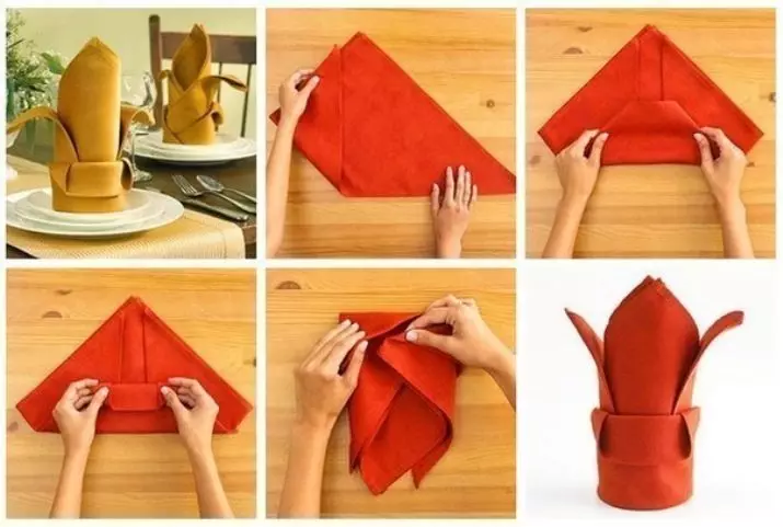 Kumaha melu napkins beautifully? 107 poto Kumaha gulung kaluar produk pikeun ngaladénan méja, kumaha carana sangkan hiji inohong geulis ti napkin, kumaha carana melu jeung leungeun sorangan 8227_38