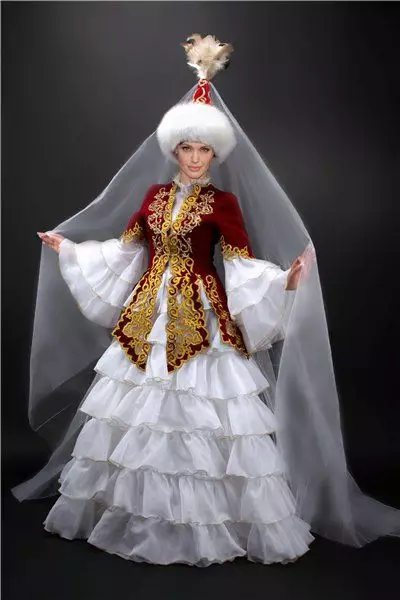 Kazakstan Kansallinen puku (68 kuvaa): Nainen perinteinen puku Kazakhs, kansanhuone Kazakstanista 842_11