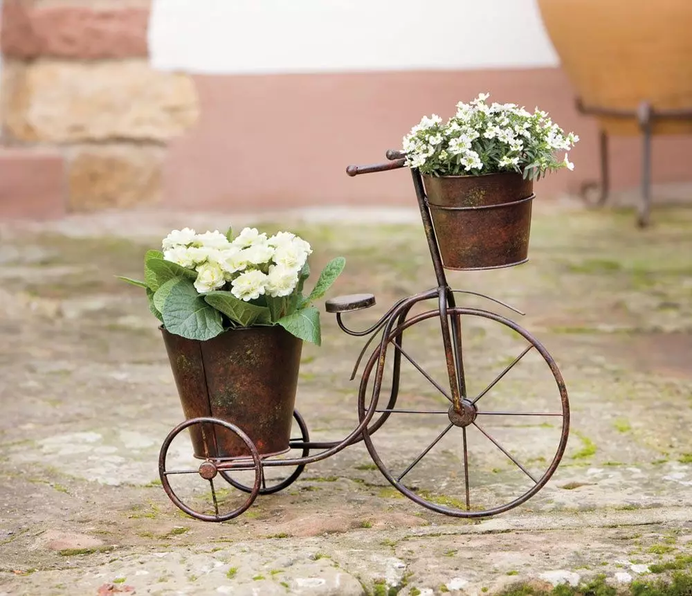 Stand-мотор за цветя: ковани модели и какаови велосипеди, етаж декоративна flowerhouse, дървени и други цветни колела 8458_10