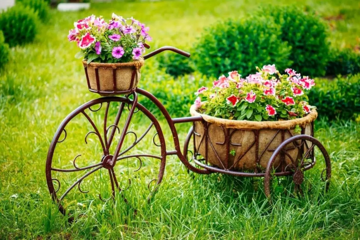 फूलों के लिए स्टैंड-बाइक: जाली मॉडल और कोको साइकिल, फर्श सजावटी फूलहाउस, लकड़ी और अन्य फूल साइकिलें 8458_11