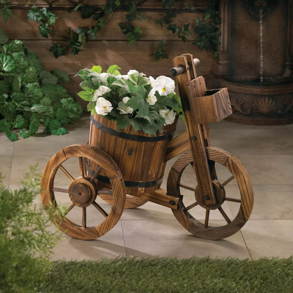 फूलों के लिए स्टैंड-बाइक: जाली मॉडल और कोको साइकिल, फर्श सजावटी फूलहाउस, लकड़ी और अन्य फूल साइकिलें 8458_13