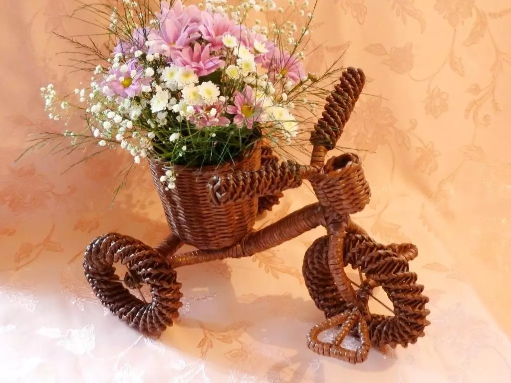Standcykel för blommor: smidda modeller och kakao cyklar, golv dekorativa blomhus, trä och andra blomstercyklar 8458_14