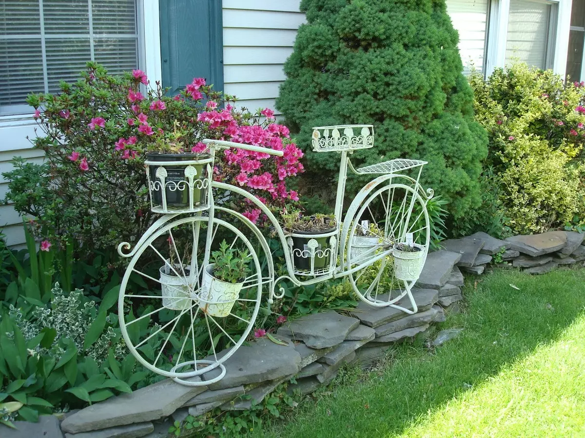 Stand-bicykel pre kvety: kované modely a kakaové bicykle, podlahová dekoratívne bicykle, drevené a iné kvety bicykle 8458_19