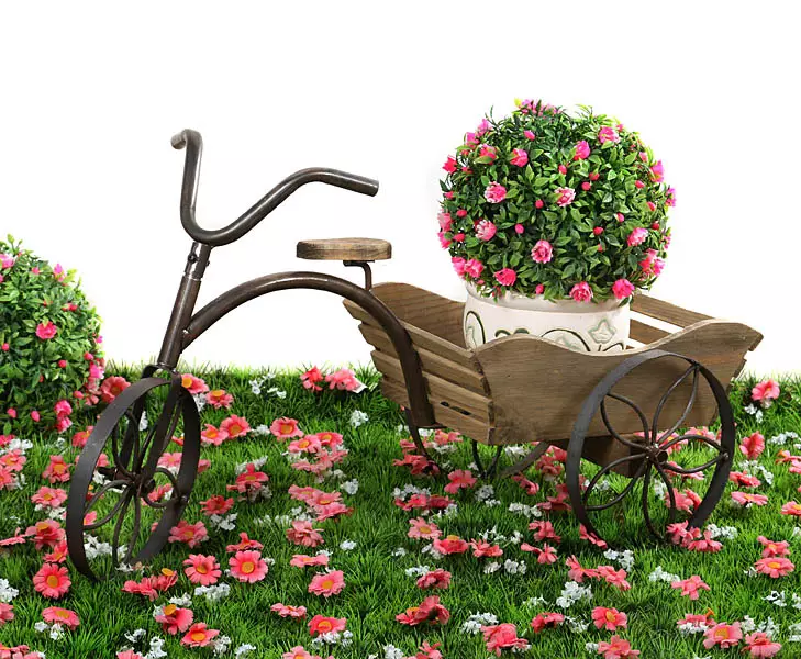 फूलों के लिए स्टैंड-बाइक: जाली मॉडल और कोको साइकिल, फर्श सजावटी फूलहाउस, लकड़ी और अन्य फूल साइकिलें 8458_21