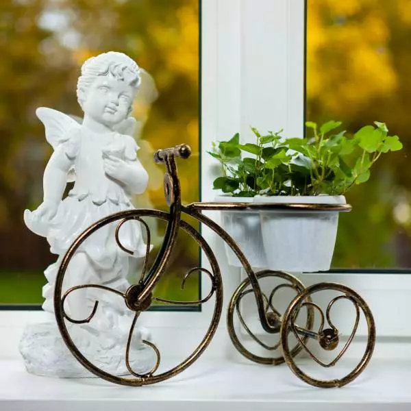 Stand-kerékpár virágok számára: Kovácsolt modellek és kakaó kerékpárok, padló dekoratív virágház, fa és más virágos kerékpárok 8458_31
