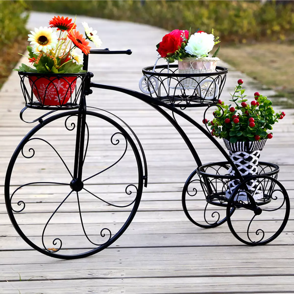 Stendas dviratis už gėlių: suklastotus modelius ir kakavos dviračius, grindų dekoratyvinį gėlių namus, medinius ir kitus gėlių dviračius 8458_6