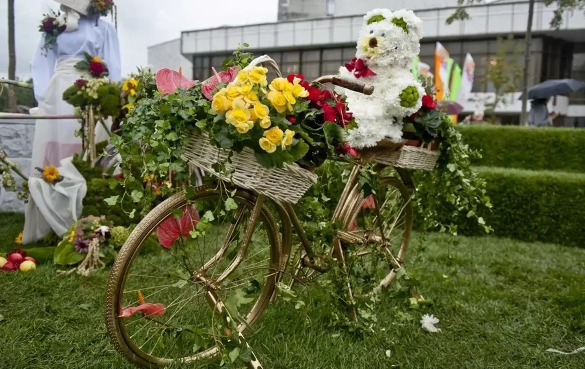 Staro kolo v vrtu Design (50 fotografij): kolesa Clonged in Cachet Bike s cvetjem v krajinskem oblikovanju na koči 8522_33
