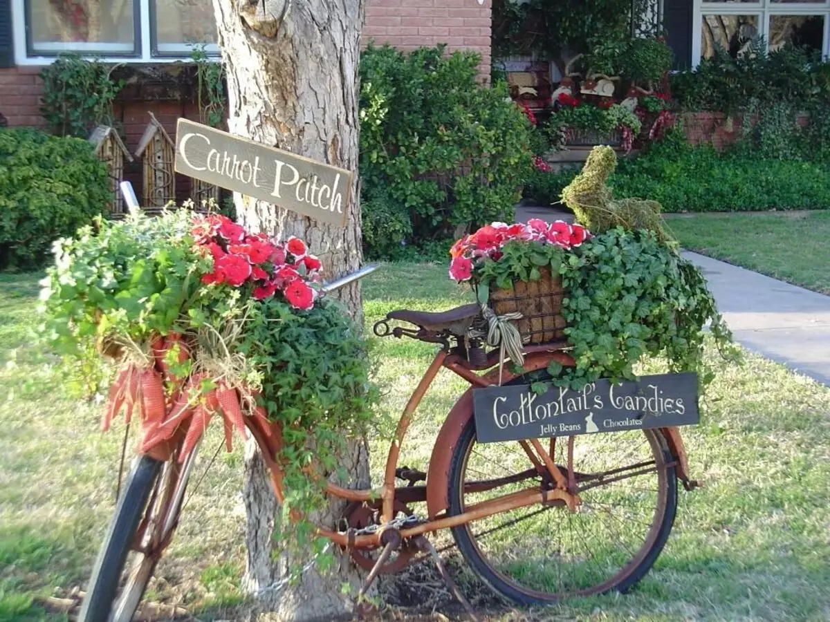 Régi kerékpár a kerti tervezésben (50 fotó): Kerékpár virágágyás és cachet kerékpár virágokkal a tájképben a házban 8522_5
