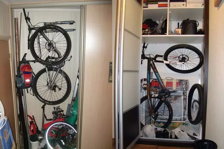 Bagaimana untuk menyimpan basikal di apartmen? Idea untuk menyimpan rumah basikal di dinding dan di siling, jika tidak ada tempat sama sekali? Kaedah dan sistem penyimpanan di apartmen 8545_25