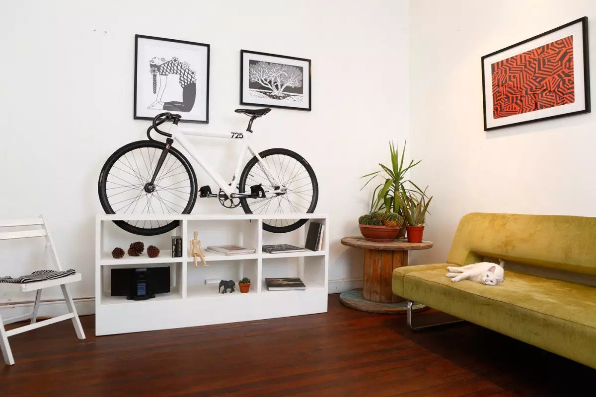 Bagaimana untuk menyimpan basikal di apartmen? Idea untuk menyimpan rumah basikal di dinding dan di siling, jika tidak ada tempat sama sekali? Kaedah dan sistem penyimpanan di apartmen 8545_6
