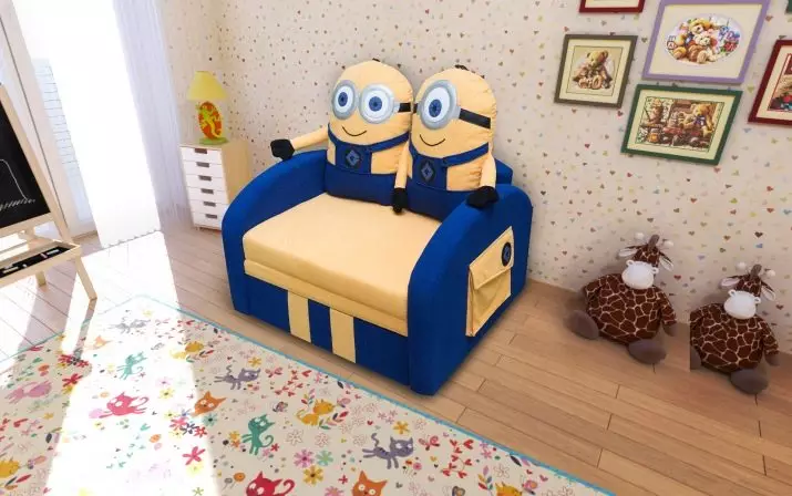 Giường sofa của trẻ em (60 ảnh): Chọn một máy biến áp tùy chọn gấp với lưng mềm mại và ngăn kéo cho bé trai và bé gái từ 5 năm trong một phòng trẻ 8917_59