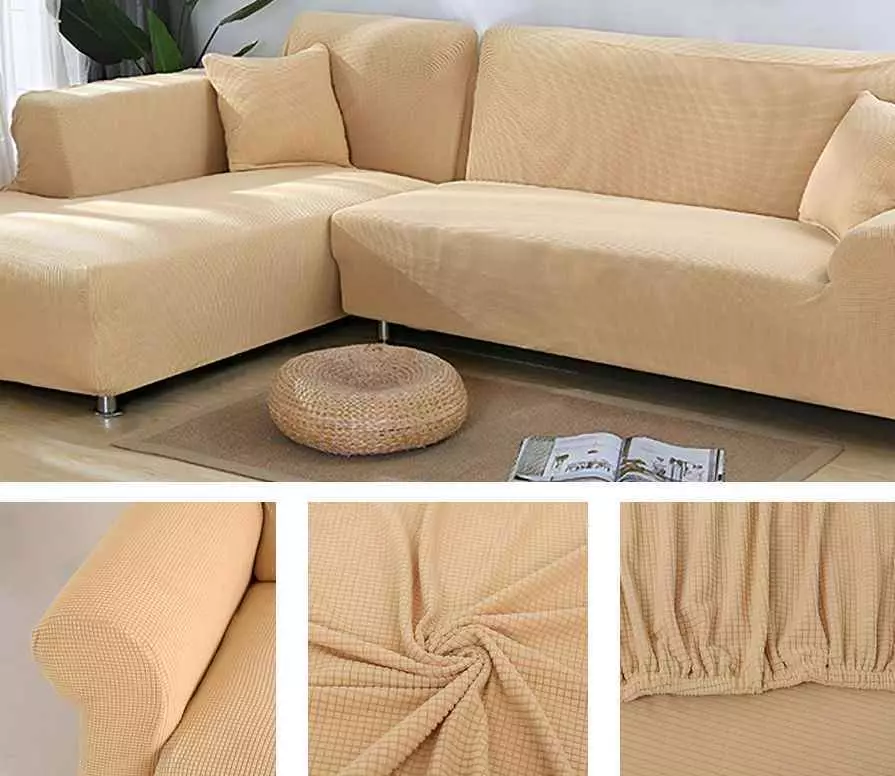 Sag på hjørnet sofaen (49 fotos): Hvordan til at bære på modellen med en hylde i hjørnet? Covers til sofaen uden armlæn og med et fremspring på højre eller venstre 8918_12