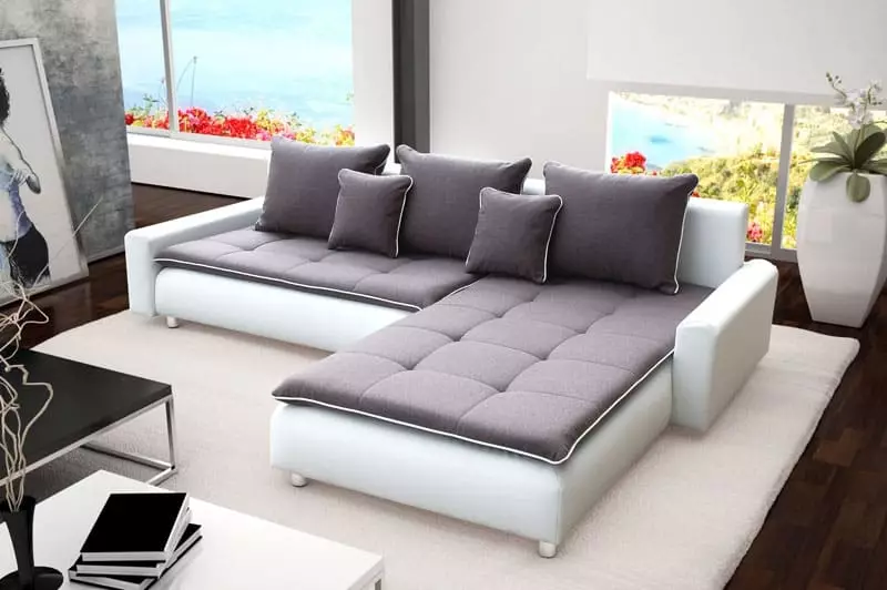 Tapaus nurkkaan sohva (49 valokuvaa): Kuinka käyttää mallia nurkan hyllyllä? Kattaa sohvalle ilman käsinojia ja ulkoneva oikealla tai vasemmalla 8918_16