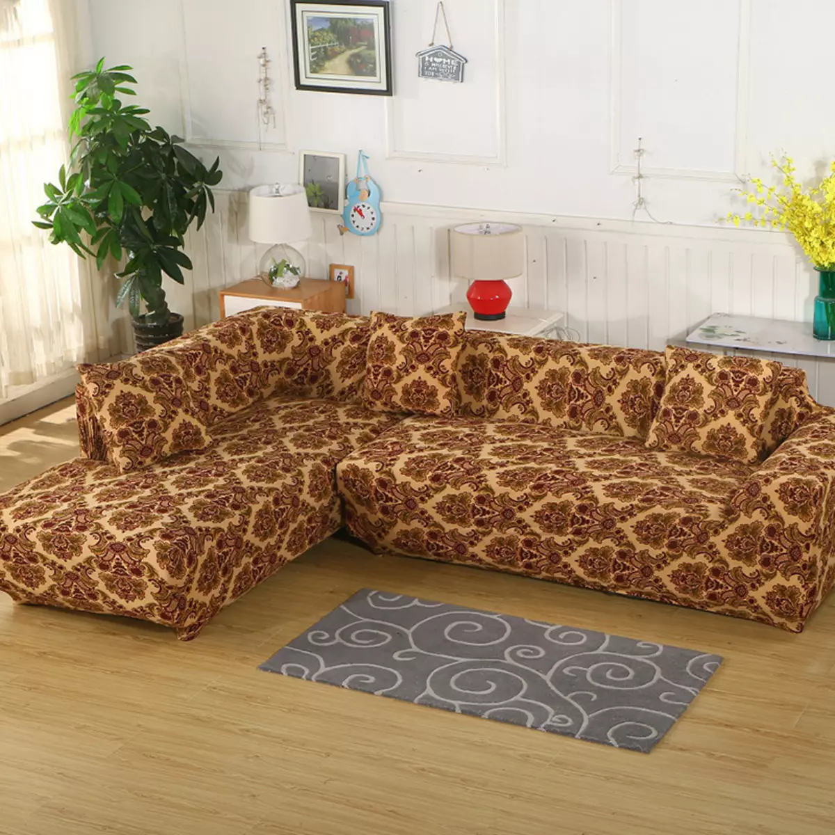Tapaus nurkkaan sohva (49 valokuvaa): Kuinka käyttää mallia nurkan hyllyllä? Kattaa sohvalle ilman käsinojia ja ulkoneva oikealla tai vasemmalla 8918_38