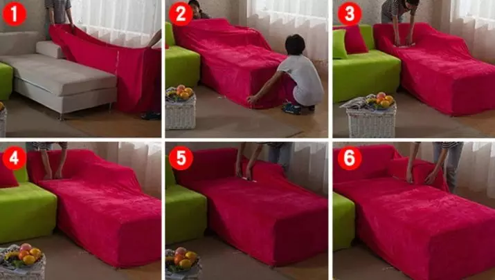 Omfattar på en soffa med ottoman: hur man väljer en sängspärr, plaid och cape på en soffa med ett vänstra hörn? Hur man bär? Alternativ för en soffa utan armstöd och med dem 8955_20