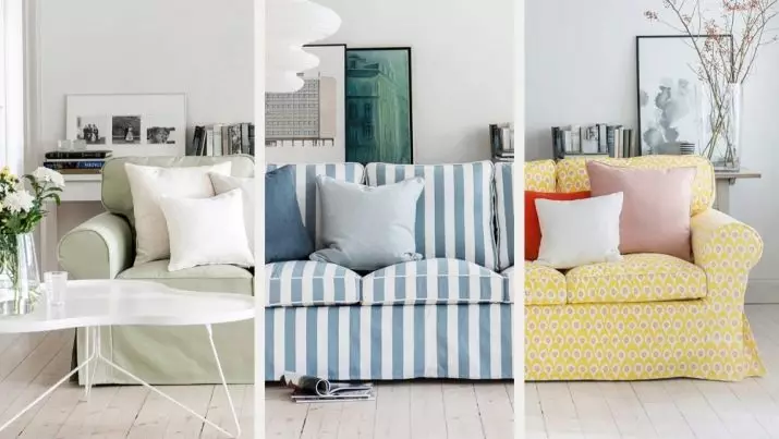 Kanepede Dava IKEA: Kol dayamaları olmayan köşe kanepeleri için yatak örtüleri seçimi, evrensel kapaklar ve diğer seçenekler 8963_5