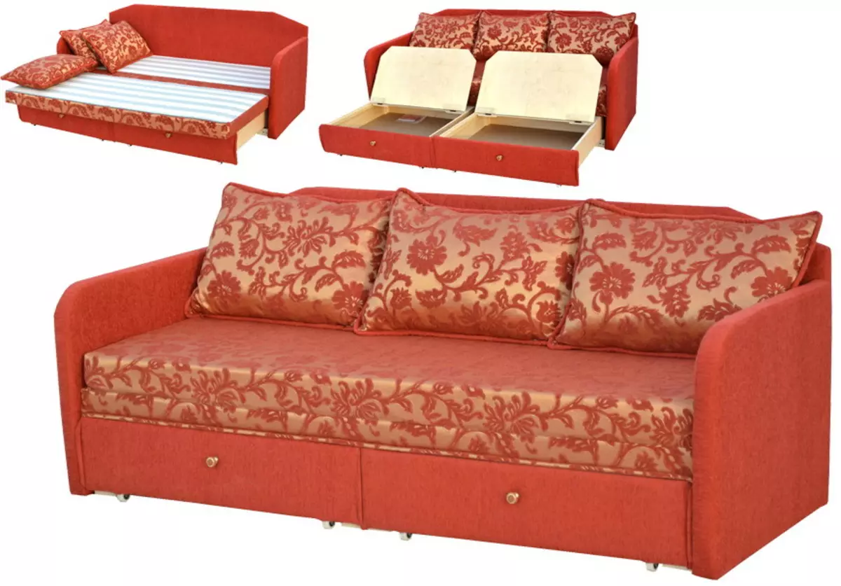 Sofa sareng kotak kanggo linen: Pilih ranjang sofa anu tilepan sareng laci, ganda sareng sofa tunggal 8978_38