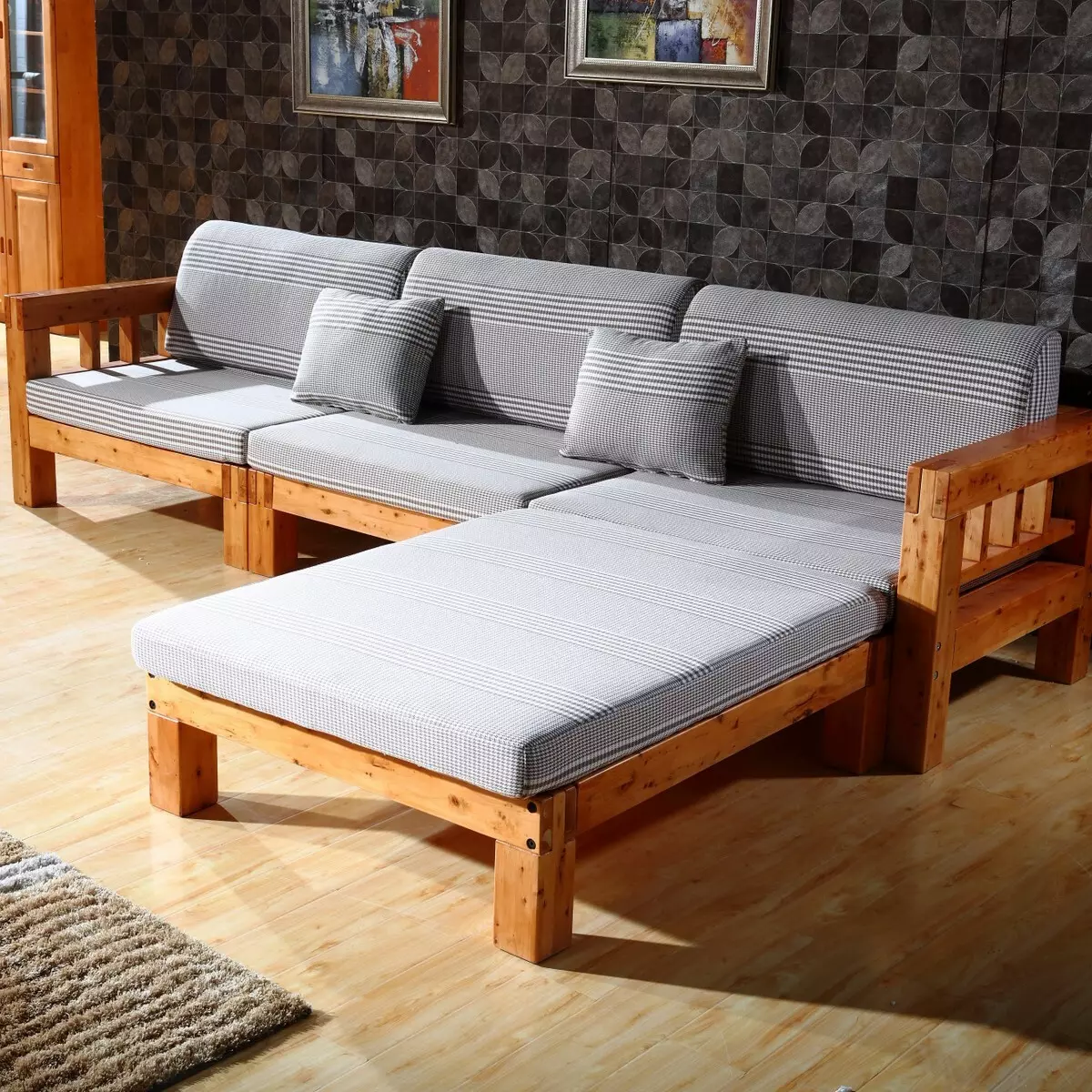 sofás de madera: a partir de una matriz de pino y haya, los modelos en el marco y de madera con espalda, plegable sofás angulares y rectos unprofinal 9023_27