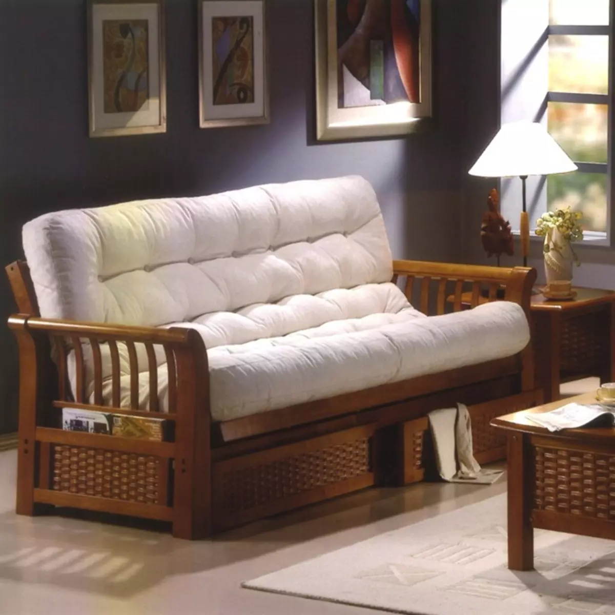 sofás de madera: a partir de una matriz de pino y haya, los modelos en el marco y de madera con espalda, plegable sofás angulares y rectos unprofinal 9023_5