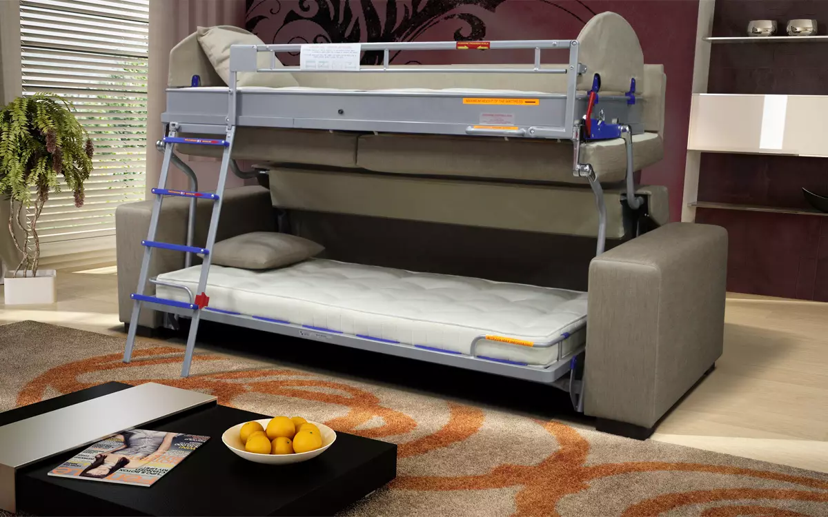 Sofa transpormer sa isang bunk bed: pumili ng dalawang-palapag na transpormer para sa isang maliit na laki ng apartment 9041_5