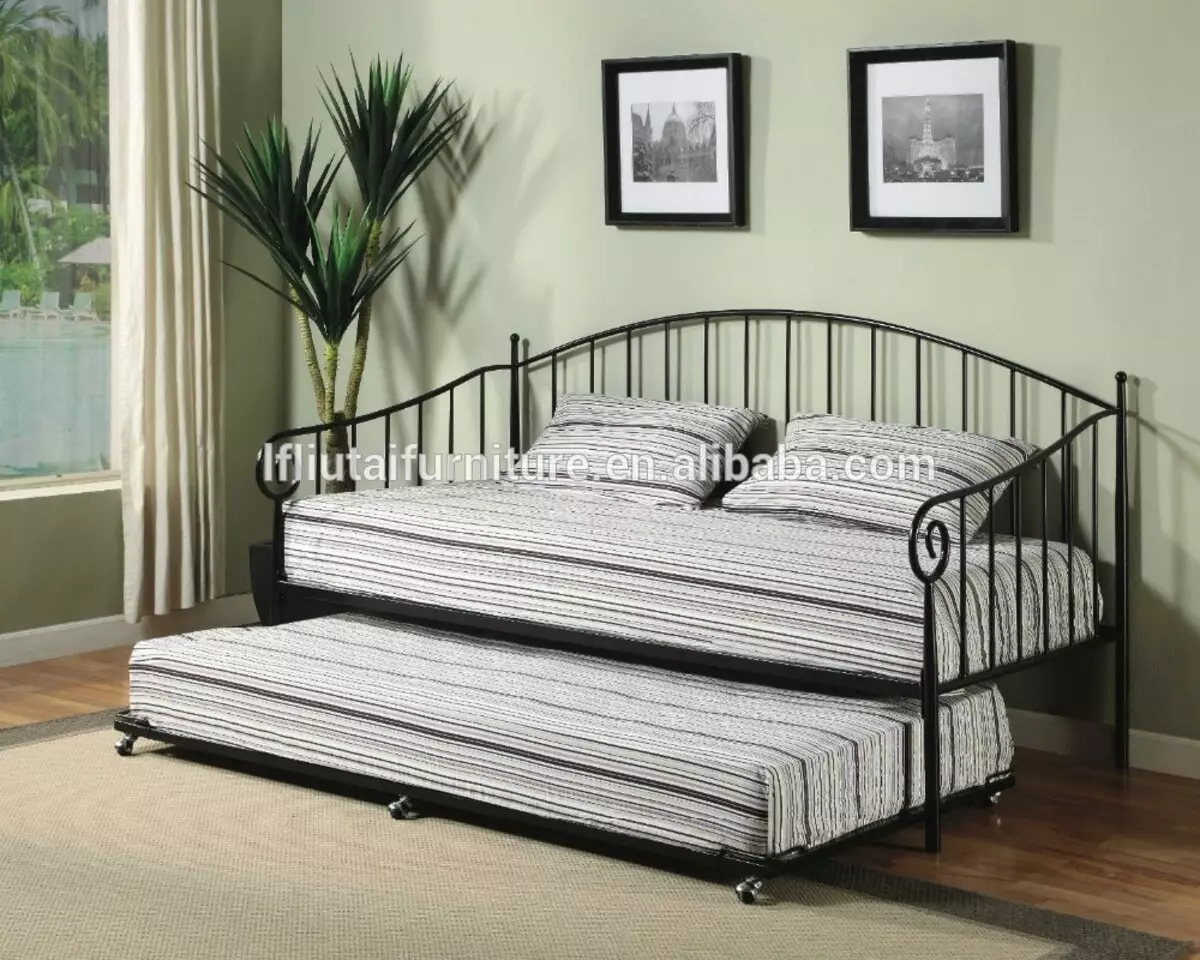 Folding Double Sofa: Pumili ng bed-transpormer bed, sliding at may mekanismo ng pag-aangat 9046_15