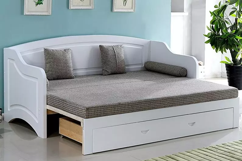 Folding Double Sofa: Pumili ng bed-transpormer bed, sliding at may mekanismo ng pag-aangat 9046_7