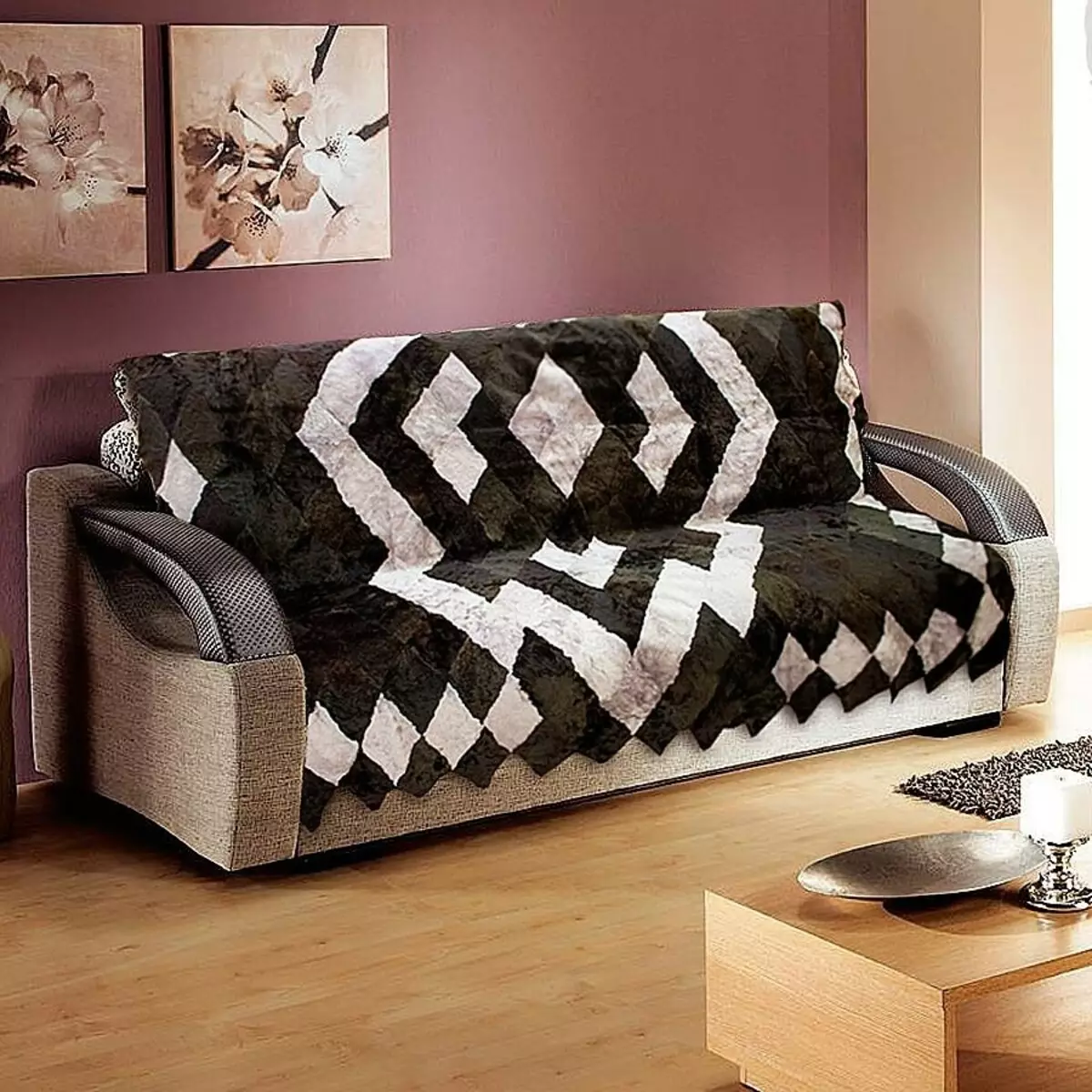 Pokriveni na kauč (84 fotografije): pregled tapiserija i pletenih kaidu, odabir skupova za kauč i fotelje, tepih, krzno i ​​druge opcije 9062_12