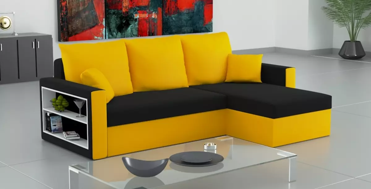 Žute sofe (73 fotografije): Primjeri u unutrašnjosti. Kutak i kauč na rasklapanje, mali i sklopivi, modeli sive, plave i crno-žute boje 9077_52
