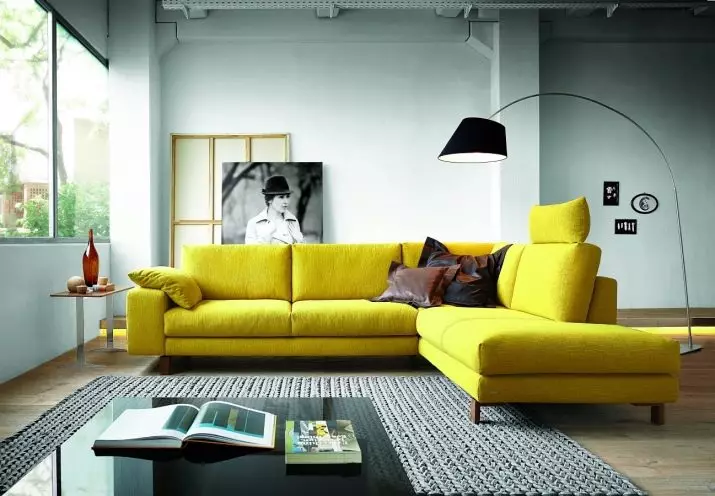Žute sofe (73 fotografije): Primjeri u unutrašnjosti. Kutak i kauč na rasklapanje, mali i sklopivi, modeli sive, plave i crno-žute boje 9077_68