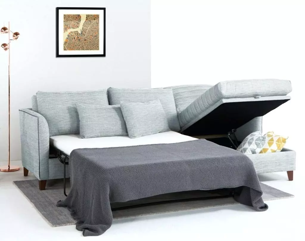 Corner τύπου πτυσσόμενα διπλό καναπέδες: επισκόπηση άνετη διπλή μοντέλα και με δύο κρεβάτια, το μέγεθός τους και την επιλογή 9082_18