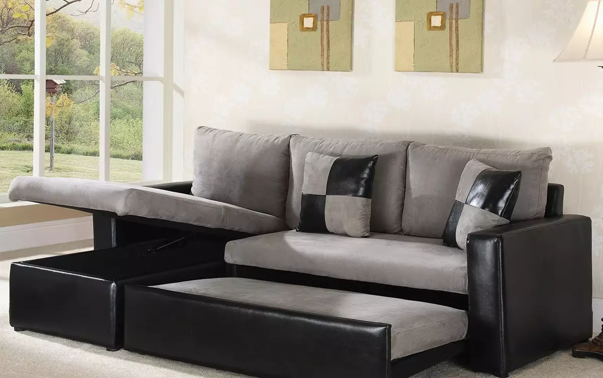De tipo esquina plegable sofás dobles: visión general de los modelos de doble convenientes y con dos camas, su tamaño y la selección 9082_21