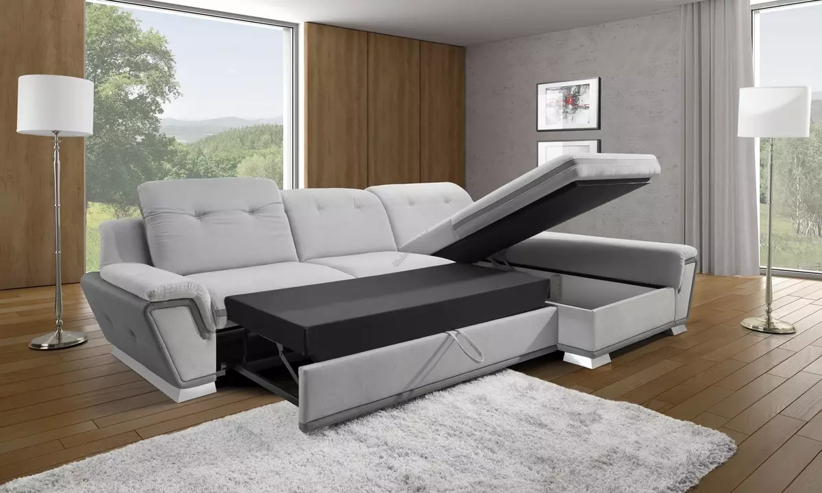 Corner τύπου πτυσσόμενα διπλό καναπέδες: επισκόπηση άνετη διπλή μοντέλα και με δύο κρεβάτια, το μέγεθός τους και την επιλογή 9082_22