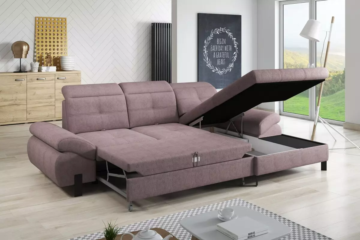 Sofa Double Folding Jenis Sudut: Gambaran keseluruhan model double yang mudah dan dengan dua katil, saiz dan pemilihan mereka 9082_24
