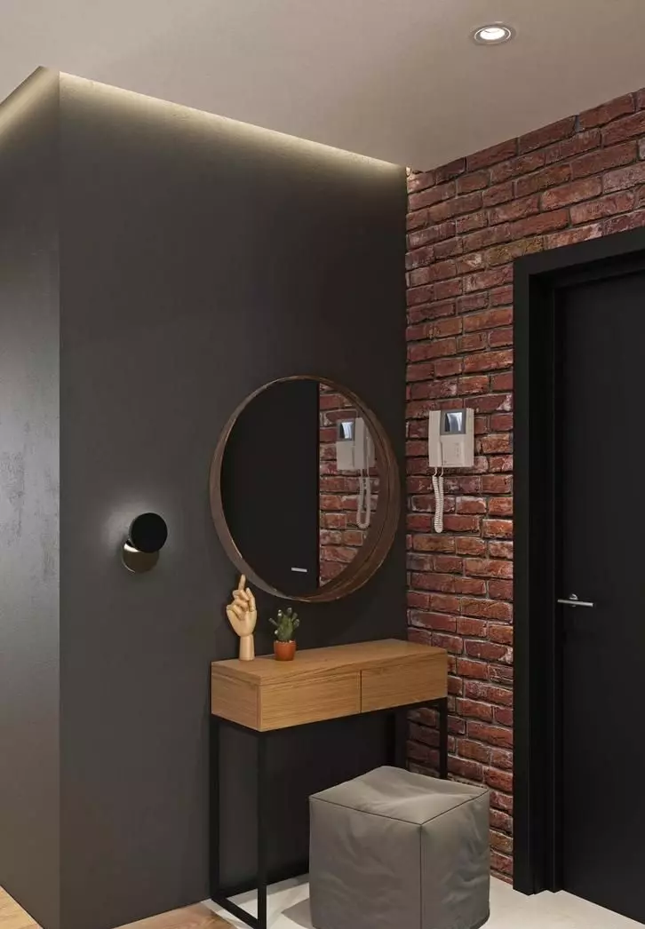 Loft风格的入口大厅（76张照片）：衣架和家具在一个小走廊的内部，走廊设计与砖墙，选择长凳和衣柜 9088_12