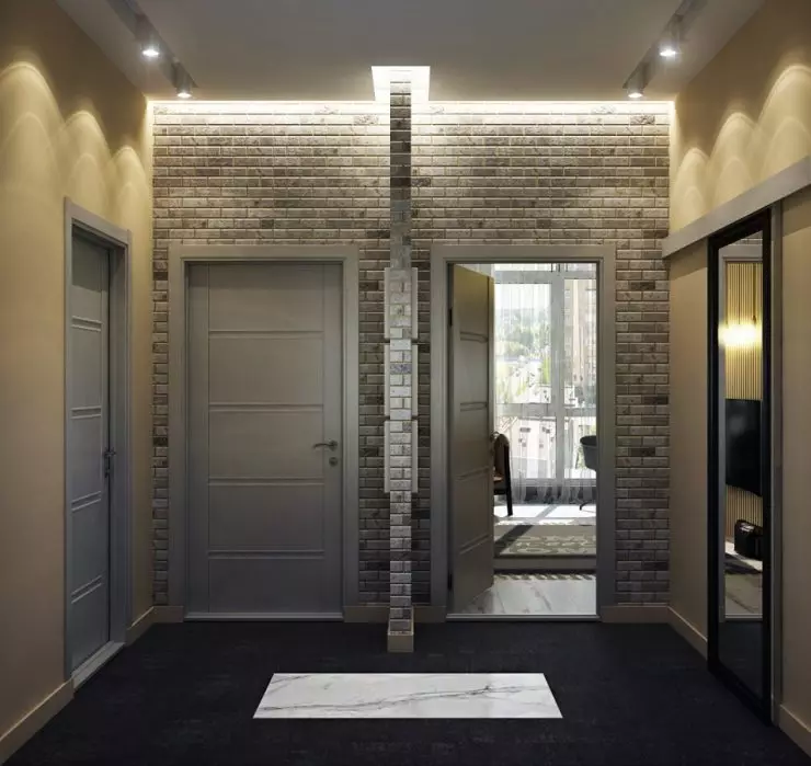 Hall d'entrée dans le style loft (76 photos): cintre et meubles à l'intérieur d'un petit couloir, un design de couloir avec un mur de briques, choisissez un banc et des armoires 9088_15