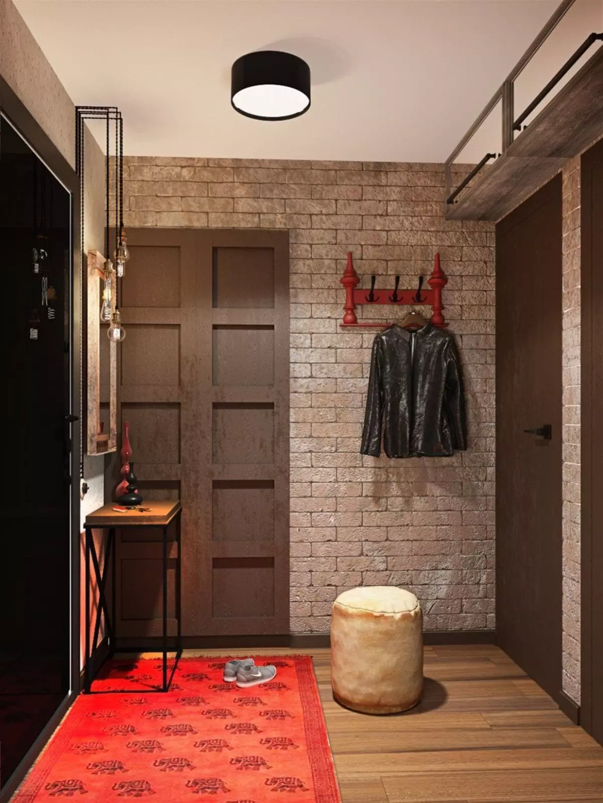 Hall d'entrée dans le style loft (76 photos): cintre et meubles à l'intérieur d'un petit couloir, un design de couloir avec un mur de briques, choisissez un banc et des armoires 9088_18
