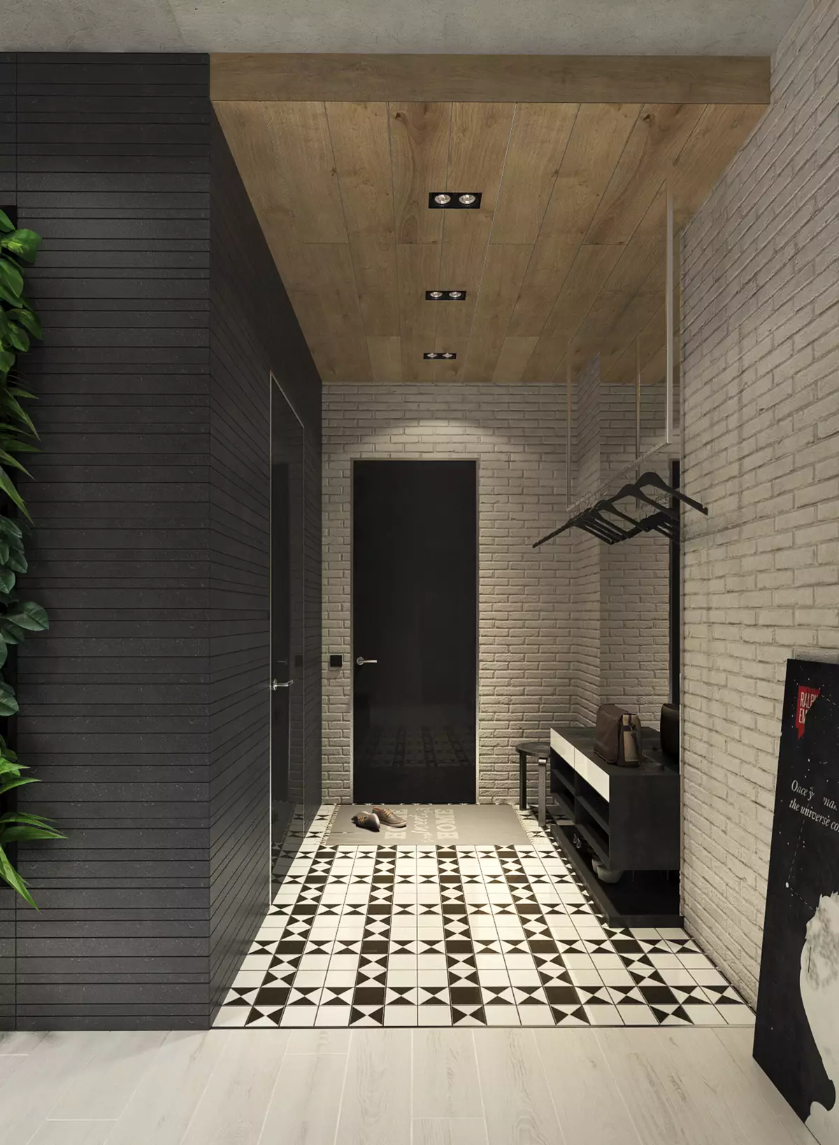 Hall d'entrée dans le style loft (76 photos): cintre et meubles à l'intérieur d'un petit couloir, un design de couloir avec un mur de briques, choisissez un banc et des armoires 9088_19