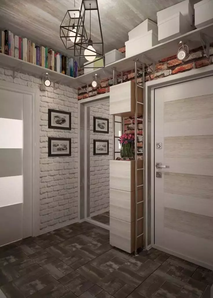 Αίθουσα εισόδου σε στυλ σοφίτα (76 φωτογραφίες): κρεμάστρα και έπιπλα στο εσωτερικό ενός μικρού διαδρόμου, ένα σχέδιο διάδρομο με τοίχο από τούβλα, επιλέξτε ένα πάγκο και ντουλάπες 9088_20