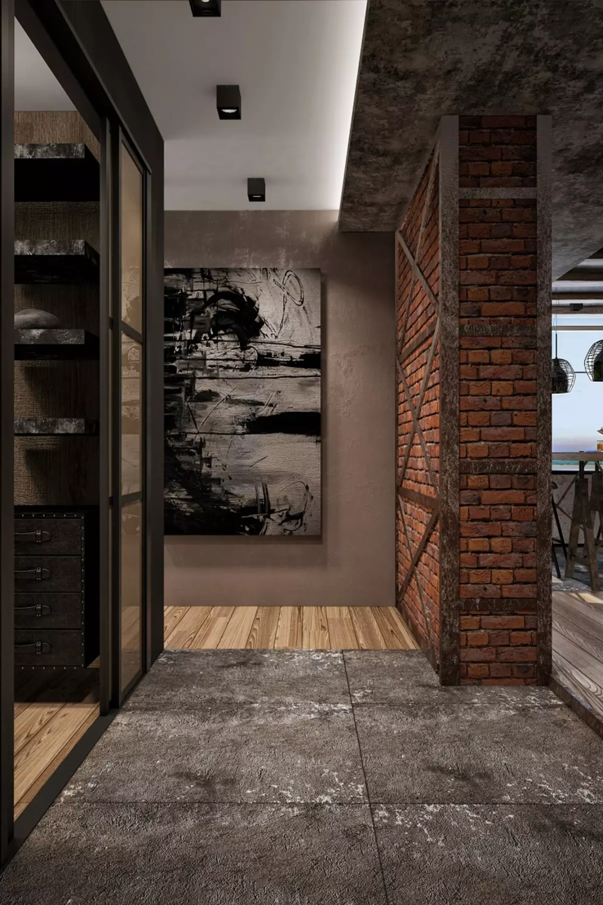 Loft tarzında Giriş holü (76 fotoğraf): küçük bir koridor iç kısmında askı ve mobilya, bir tuğla duvar ile bir koridor tasarımı, bir tezgah ve dolap seçim 9088_22