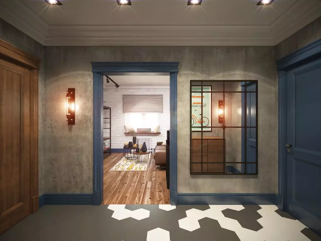 Hall d'entrée dans le style loft (76 photos): cintre et meubles à l'intérieur d'un petit couloir, un design de couloir avec un mur de briques, choisissez un banc et des armoires 9088_28
