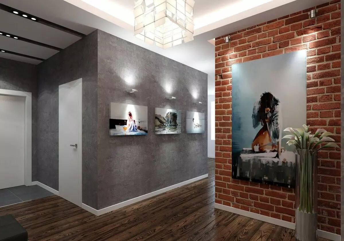 Ieejas zāle bēniņu stilā (76 fotogrāfijas): pakaramais un mēbeles neliela koridora interjerā, priekšnams dizains ar ķieģeļu sienu, izvēlieties solu un skapjus 9088_29