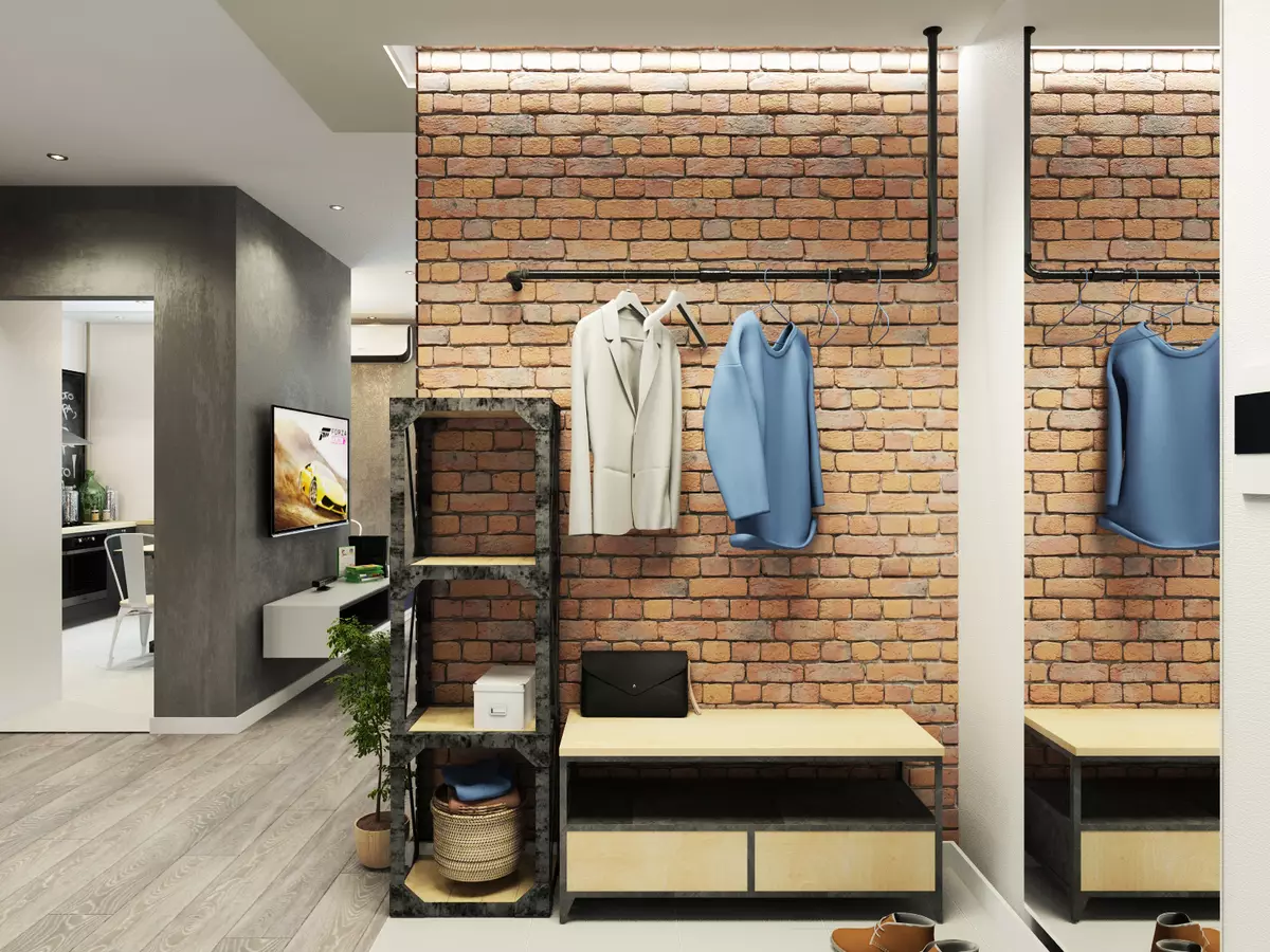 Hall d'entrée dans le style loft (76 photos): cintre et meubles à l'intérieur d'un petit couloir, un design de couloir avec un mur de briques, choisissez un banc et des armoires 9088_31