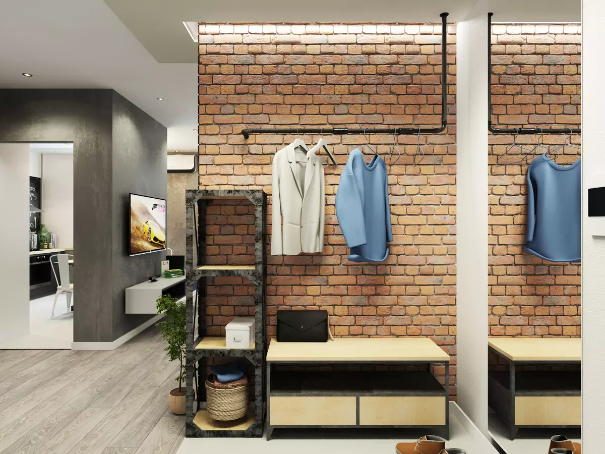 Balai mlebu ing Gaya Loft (76 Foto): Hanger lan Perabot ing interior koridor cilik, desain lorong karo tembok bata, pilih bangku lan lemari klambi 9088_31