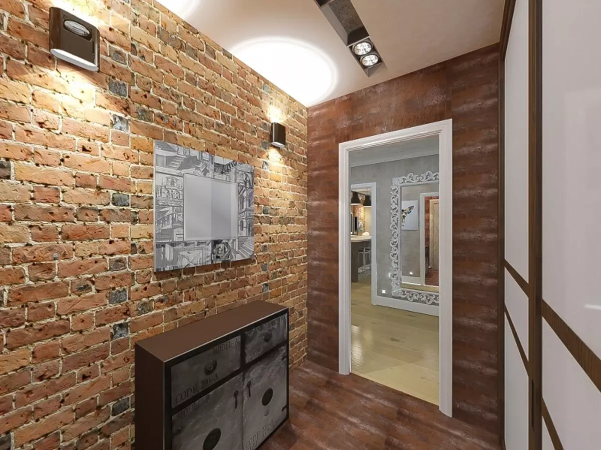Αίθουσα εισόδου σε στυλ σοφίτα (76 φωτογραφίες): κρεμάστρα και έπιπλα στο εσωτερικό ενός μικρού διαδρόμου, ένα σχέδιο διάδρομο με τοίχο από τούβλα, επιλέξτε ένα πάγκο και ντουλάπες 9088_33